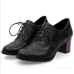 Brogue Lace-Up Mid Heel Wingtip Oxfords